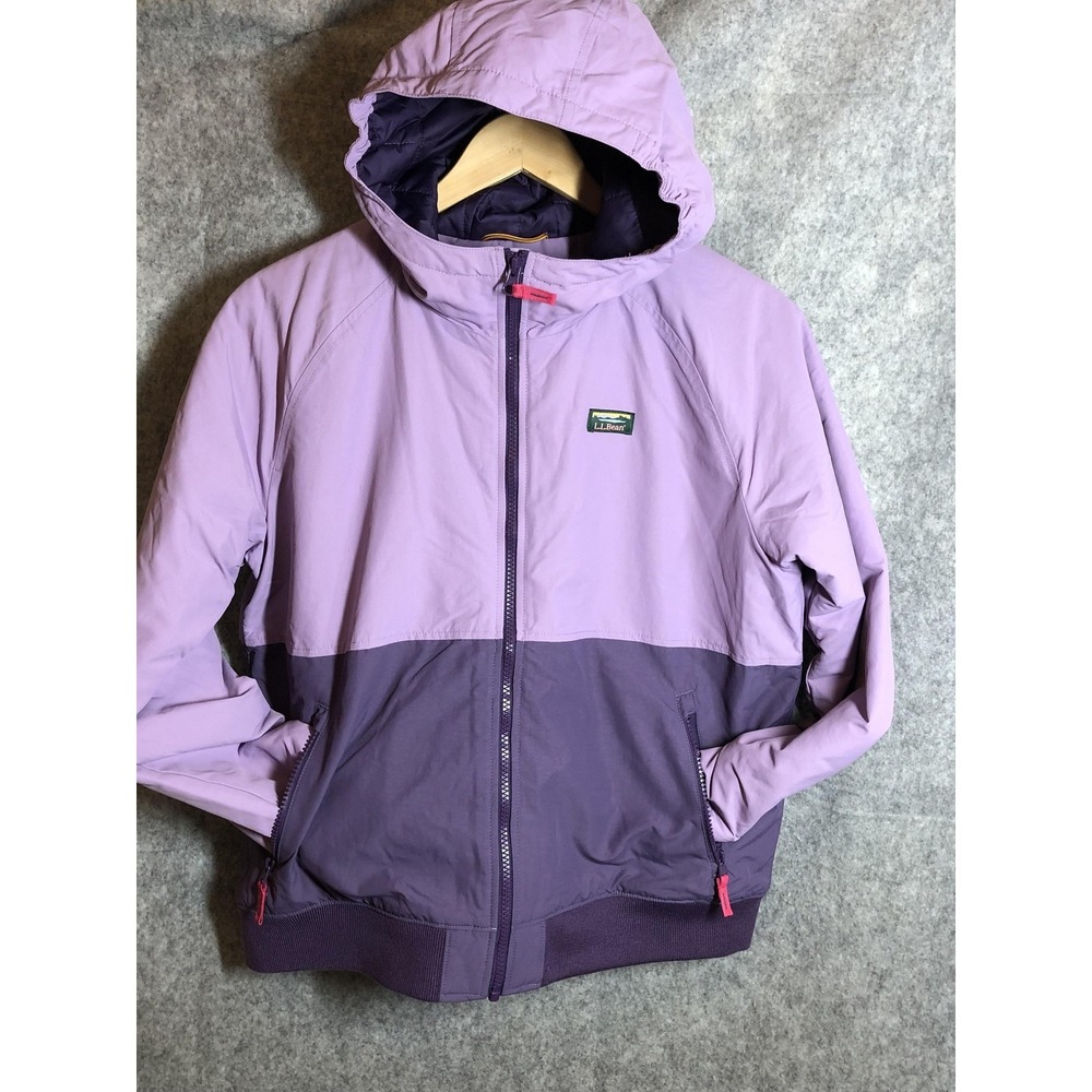 L.L.Bean Jacket Kids XL 18 Purple Hooded Insulated Colorblock Full Zip Quilted